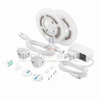 10-90 Комплект двойной светодиодной подкроватной подсветки, лента 12В, 2,4Вт/м, smd 2835, 30 д/м, IP65, 2 отрезка по 1,2м, диммируемые датчики, адаптер 1А, 3000К